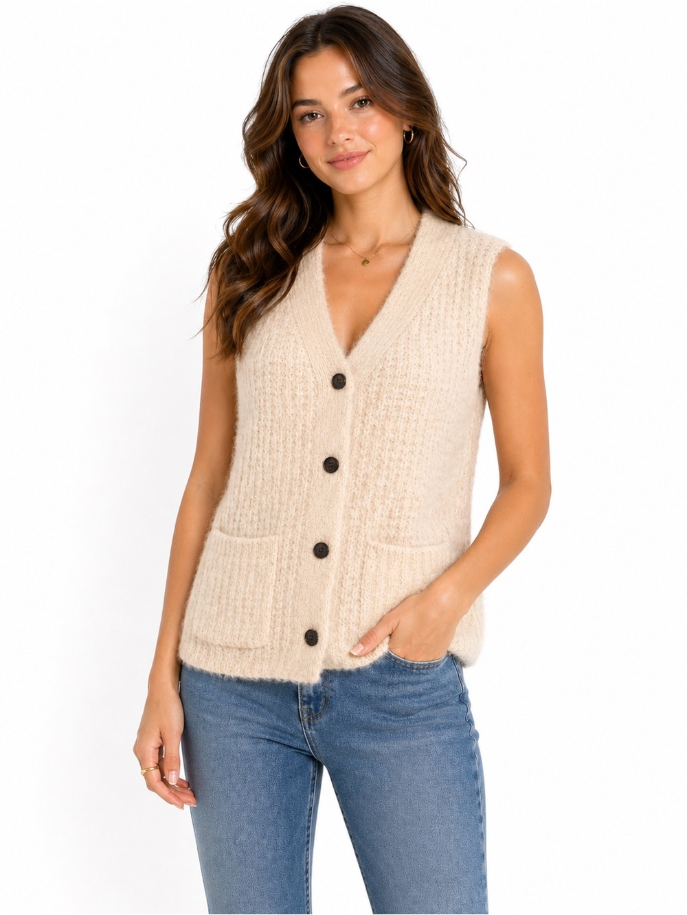 FRNCH Paris‎ Size Small Wool Blend Women's Cream Cardigan Button Up Sweater Vest